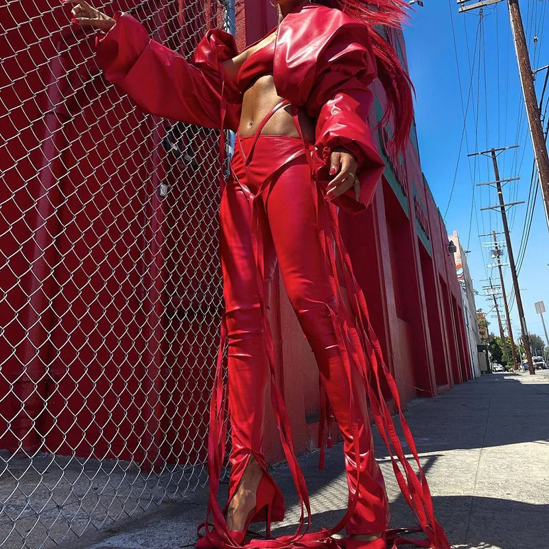 

Y2k 2021 Fashion Aesthetic Streetwears Ribbons Faux Leather Solid Flare Pants Women Mid Waist Trousers Punk Bandage Pantalones