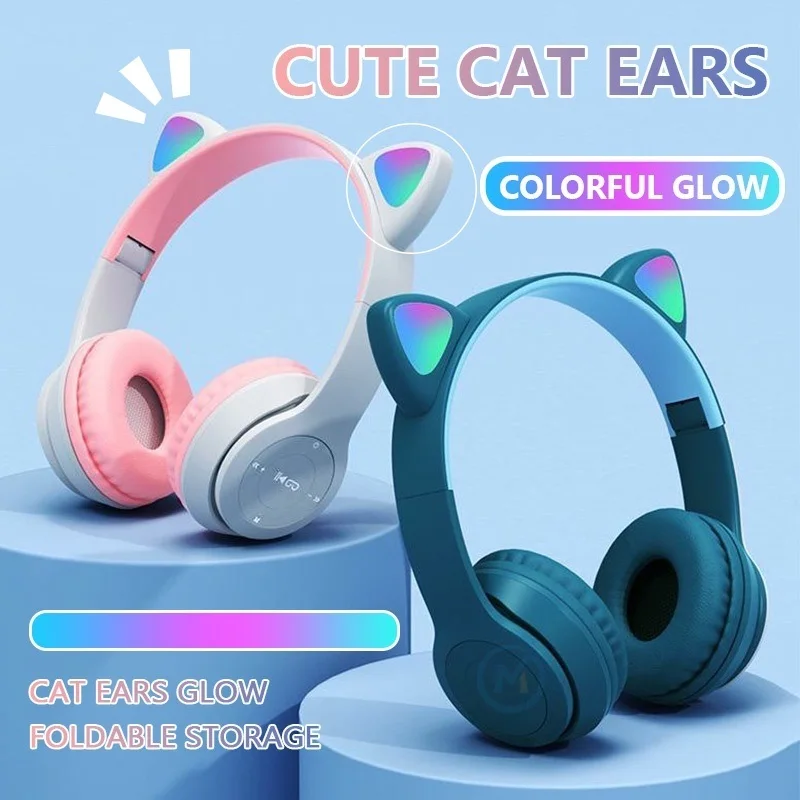 

Headphones Gaming Headset Wireless Bluetooth 5.0 Earphones with Mic RGB Flash Light Micro SD Ove-Ear Cat Ears Wired