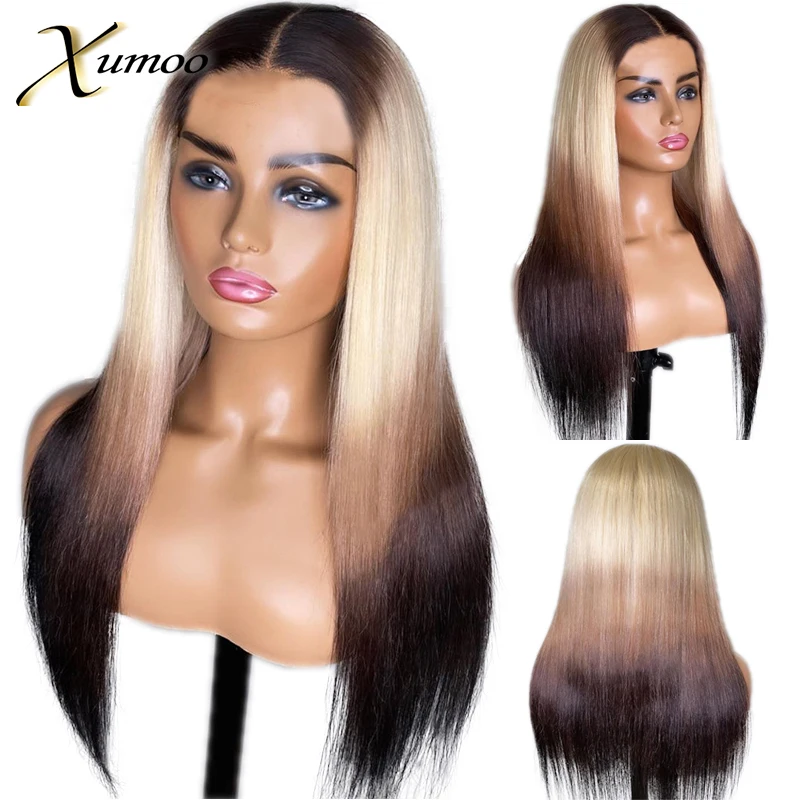 613 Brown Ombre Color Straight Transparent Glueless 13X1 4X1 Lace Human Hair Wigs For Black Women Prepluck With Baby Hair Remy