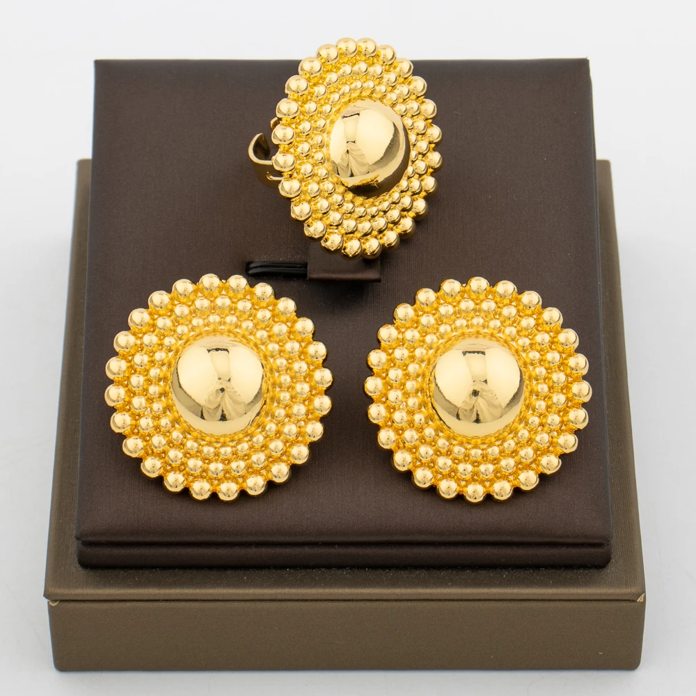 

Hoop Earrings and Ring for Women Brazilian Golden Color Clip Earrings and Adjustable Ring 2Pcs Set for Party Bridal Accessory