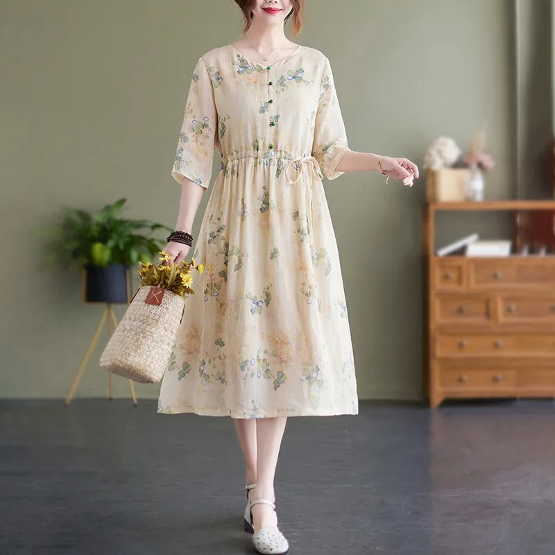 

Elegant Half Sleeve Single-breasted V-neck Collar Dress Women 2022 Summer Vintage Office Lady Floral Print Cotton Linen Dresses