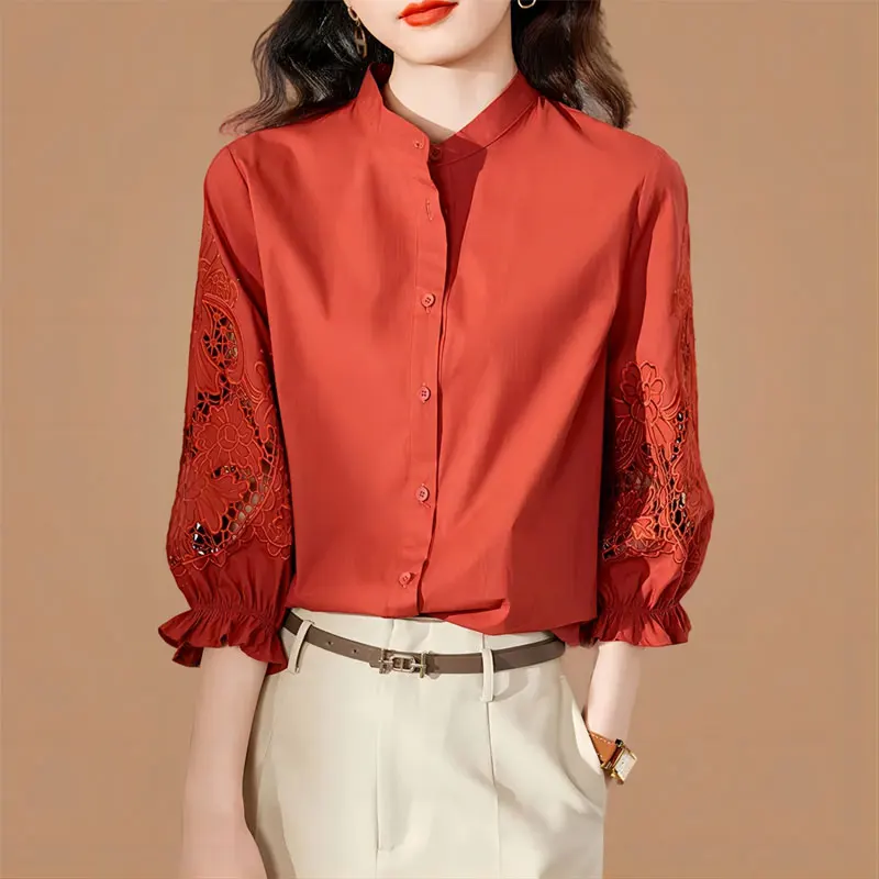 

Elegant Hollow Out Stylish Embroidery Shirt Commute Single-breasted Female Clothing Stand Collar Spring Summer 3/4 Sleeve Blouse