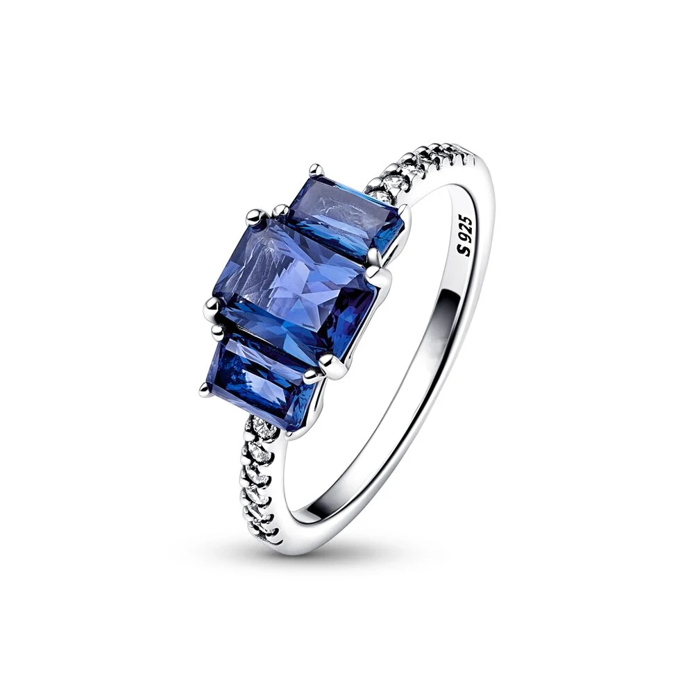 Pandora-Bague Rectangulaire Bleue à Trois Pierres de Rotterdam en Argent 925, Bijou Romantique Doux Haut de Gamme, Accessoires pour Femme 2
