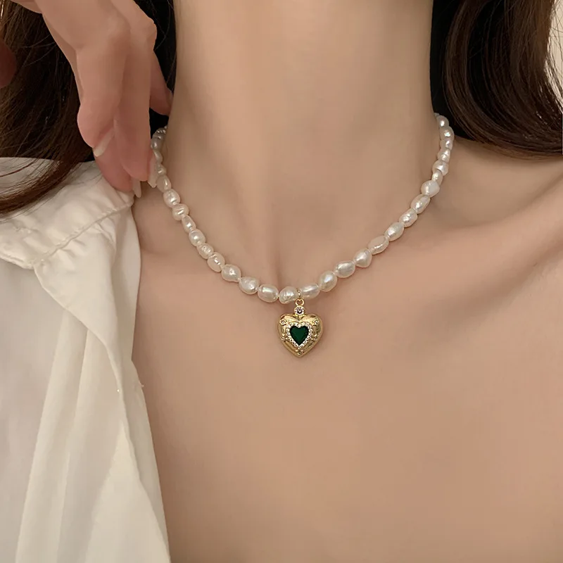 

Romantic Love Heart Green Crystal Natural Baroque Freshwater Pearl 14K Gold Filled Female Pendant Necklace Jewelry For Women