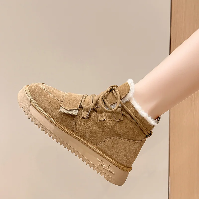 

Winter Cow Suede Leather Women Snow Boots New Fashion Khaki Lace Up Mid Heel Platform Boots Plush Warm Non Slip Shoes for Women