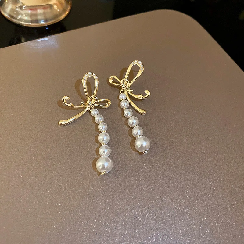 

LOVOACC Trendy Simulated Pearls Earring for Women Gold Color Bowknot Irregular Long Dangle Earrings Statement Wedding Jewelry