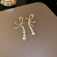 lovoacc trendy simulated pearls earring for women gold color bowknot irregular long dangle earrings statement wedding jewelry