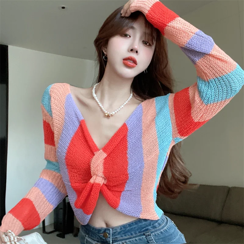 

Y2k Girl Criss-cross Colorful Deep V Neck Pullover Sweaters Female Rainbow Striped Short Length Knitted Sweater Sext Crop Crop