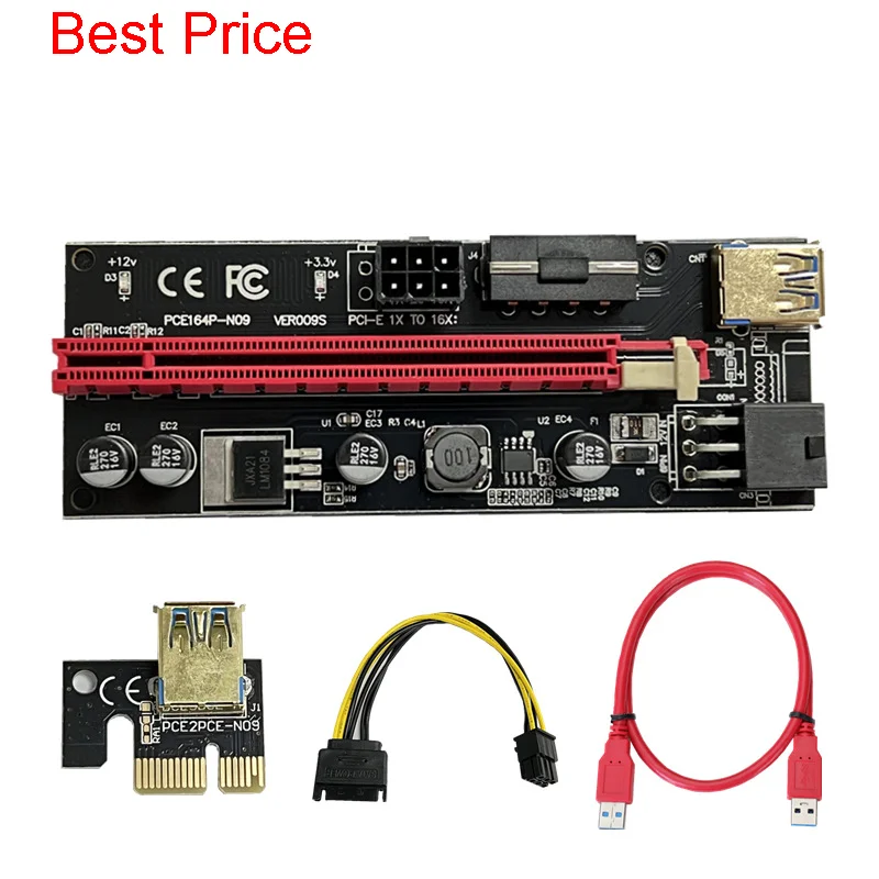 

10Pcs/lot Ver 009s Pci-e Riser Card 009 Pcie 1x to 16x Extender Adapter Dual Led 1m 0.6m Usb 3.0 Cable Sata 6pin 4pin Power