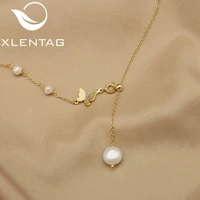 xlentag natural pearls long chain gold metal adjustable asymmetrical necklace minimalism personality luxury women jewelrygn0422