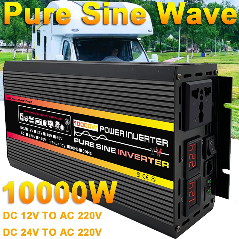10000W Pure Sine Wave Power Inverter DC 12V 24V To AC 220V Converter Inverter for Solar System Home Outdoor RV Car 50hz 60hz