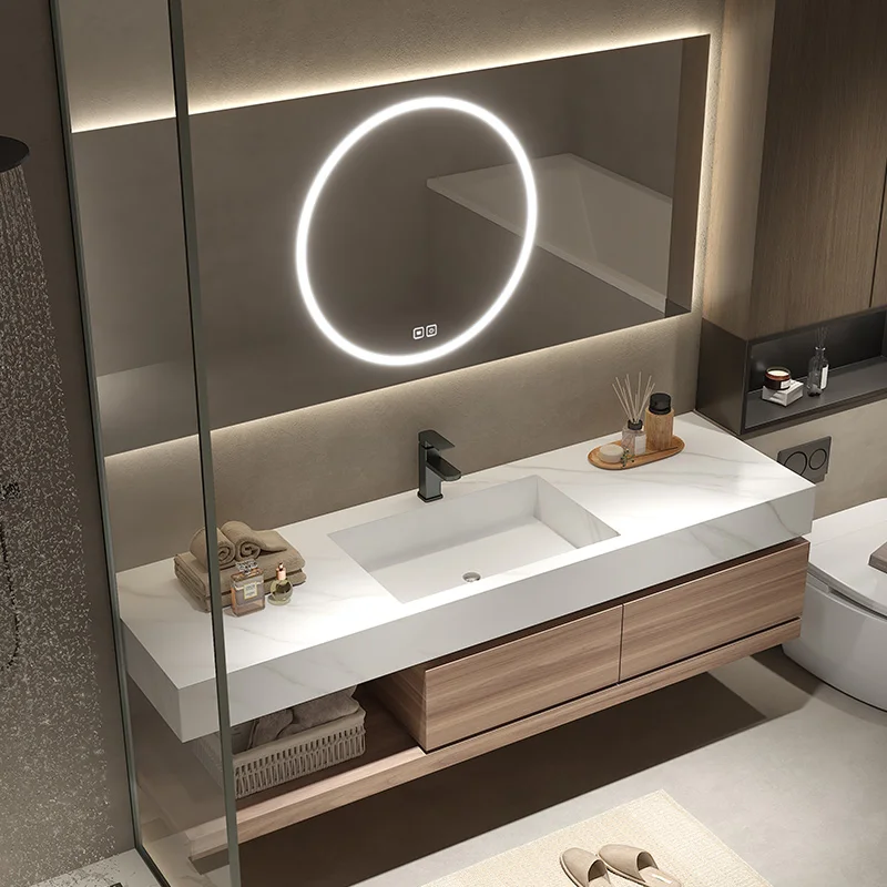 

Designer rock slab integrated basin bathroom cabinet combination light luxury hand washing basin Bathroom cabinet washing table