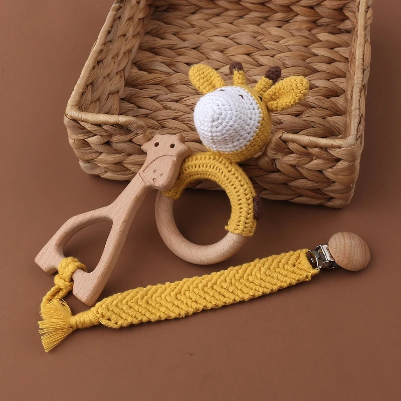 

1 Set Baby Newborn Knitted Deer Wooden Ring Teether+Pacifier Clip Chain Dummy Holder DIY Crochet Rattle Bracelet Soother Infants