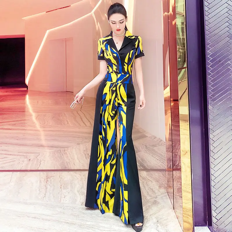 

Women 2022 Summer Fashion 2 Piece Sets Female Printing Short Sleeve Jackets Ladies High Waist Wide Leg Long Pants Suits V06