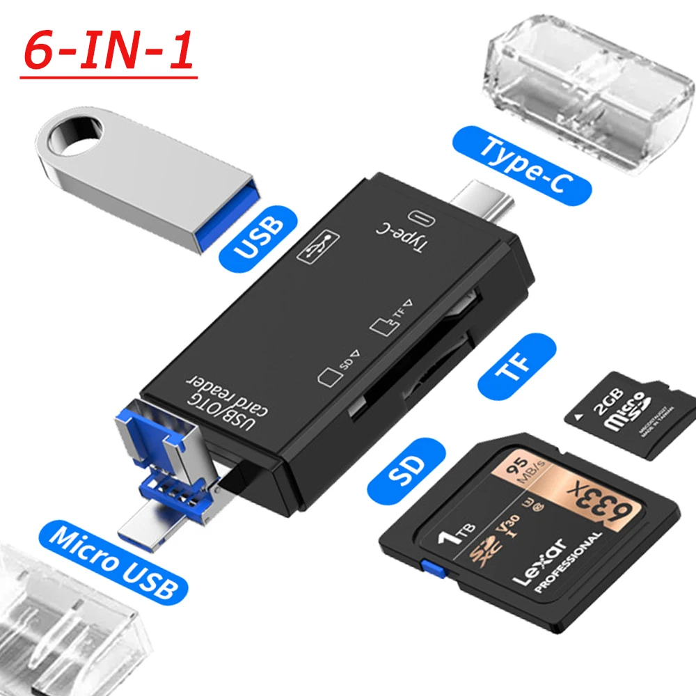 6 In 1 USB C Multi Card Reader OTG Flash Drive Cardreader Adapter USB 2.0 Type-c To SD Mini Phone Adapter Converter All In One