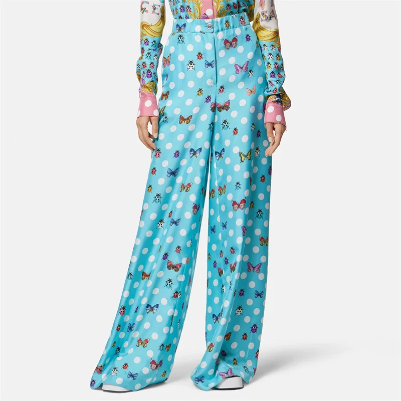 

Women's Pants 2023New Autumn Korean Fashion Butterfly Print Wide Leg Pants Metal Button Decorative Floor Mop Pants y2k Trousers
