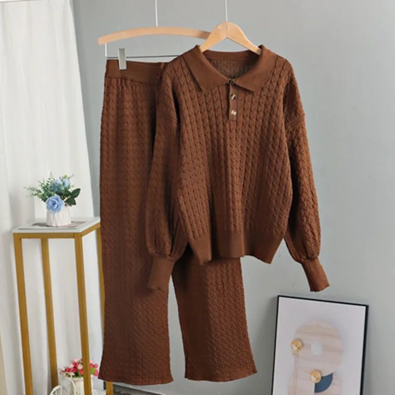 

Woman Solid Knitted Sweater Sets Casual Autumn Winter Pullover and Wide Leg Pants New Homewear Lady Suit Female Outfits Suits