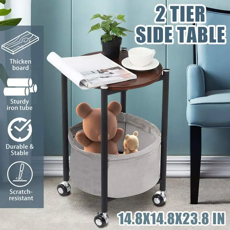 

Removable Side Table Small Round End Table with Wheels Small Nightstand Bedside Table with a Detachable Cloth Basket Bag
