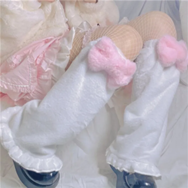 Japanese Harajuku Women Leg Warmers Solid Color Plush Over Knee Socks Girls Sweet Ruffles Leg Socks Winter Velvet Foot Warmer