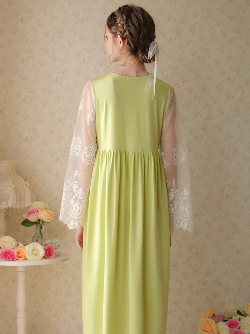 Women 2022 French Vintage Princess Pajamas Embroidery Cotton Mesh V-Neck Lace Slit Long Sleeve Nightdress Spring Autumn Vestidos