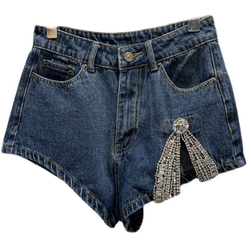 High Waisted Jean Shorts Female 2023 Summer New Rhinestone Bow Split Washed Cotton Ultra Short Jeans Women Clothing Women Shorts