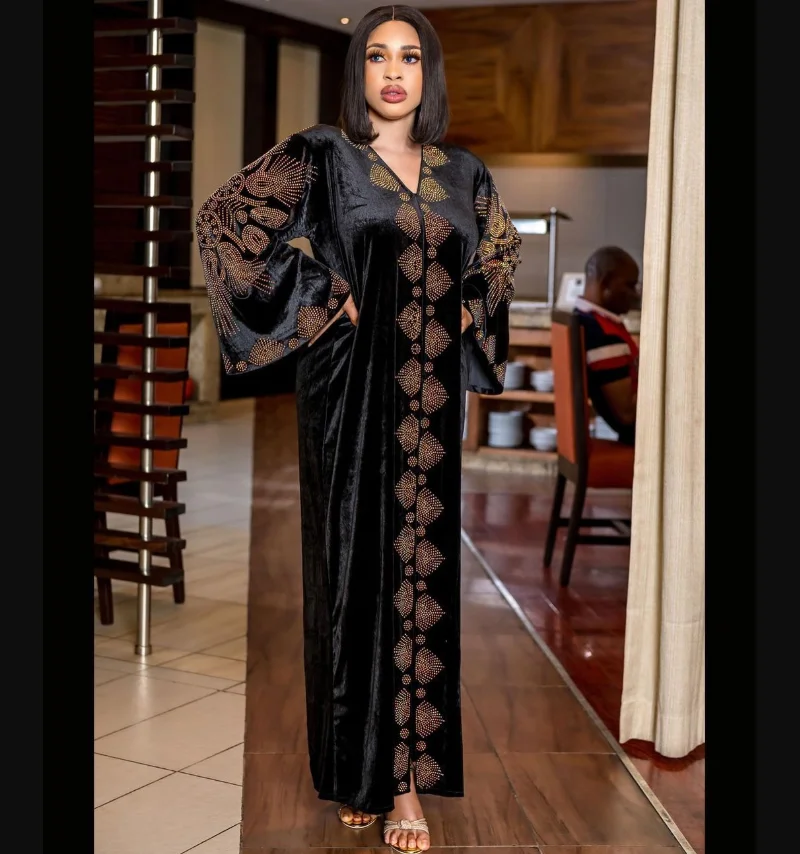 

Velvet Long Maxi Dress African Dresses for Women 2022 Winter African Clothes Ruffle Sleeve Boubou Robe Africaine Femme