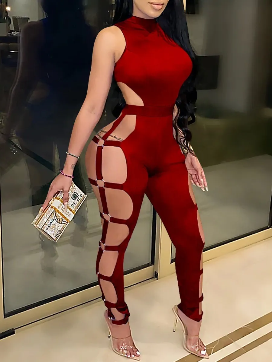 

LW Women Clothing Jumpsuit 2022 Cut Out Metal Ring Decor Skinny One-Piece Female Side Slit Sexy Street Party Clubwear Bodysuits