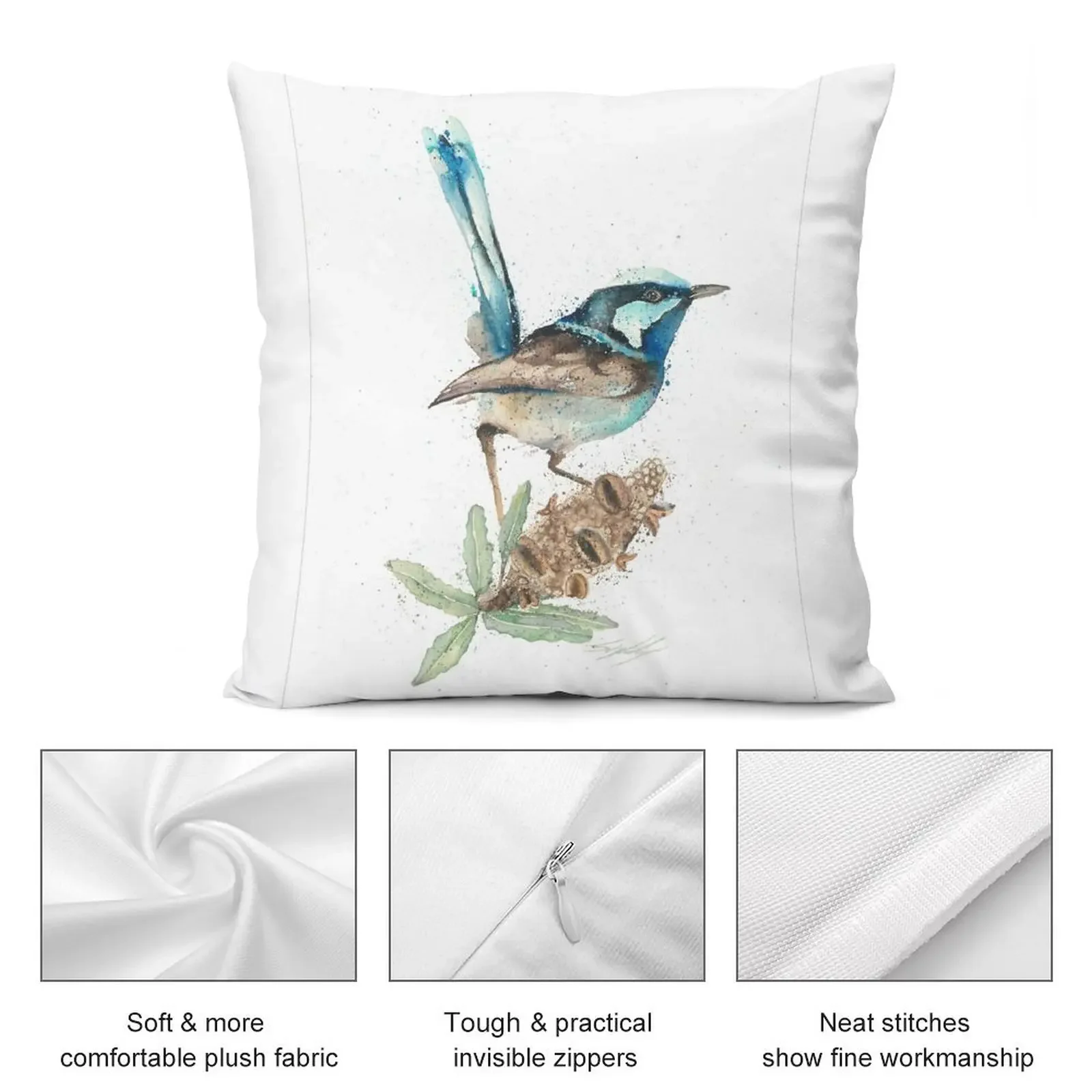 Blue Wren - австралийская акварельная птица художественная подушка наволочка