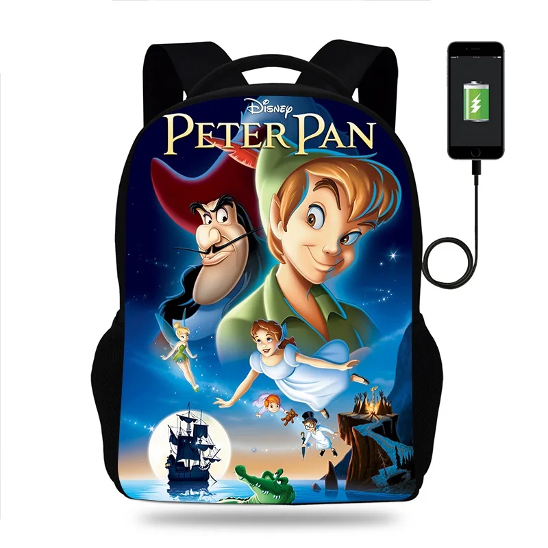 Fashion Disney Peter Pan Backpack Boy Girl School Bag Teenager USB Charging Daily Travel Backpack Student Schoolbags Mochila