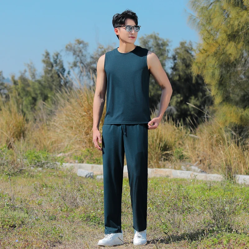 Men'S Running Fitness Summer Loose Ice Silk Quick Drying Sleeveless T-Shirt Pants Two Piece Male Basketball Tank Top Sports Set