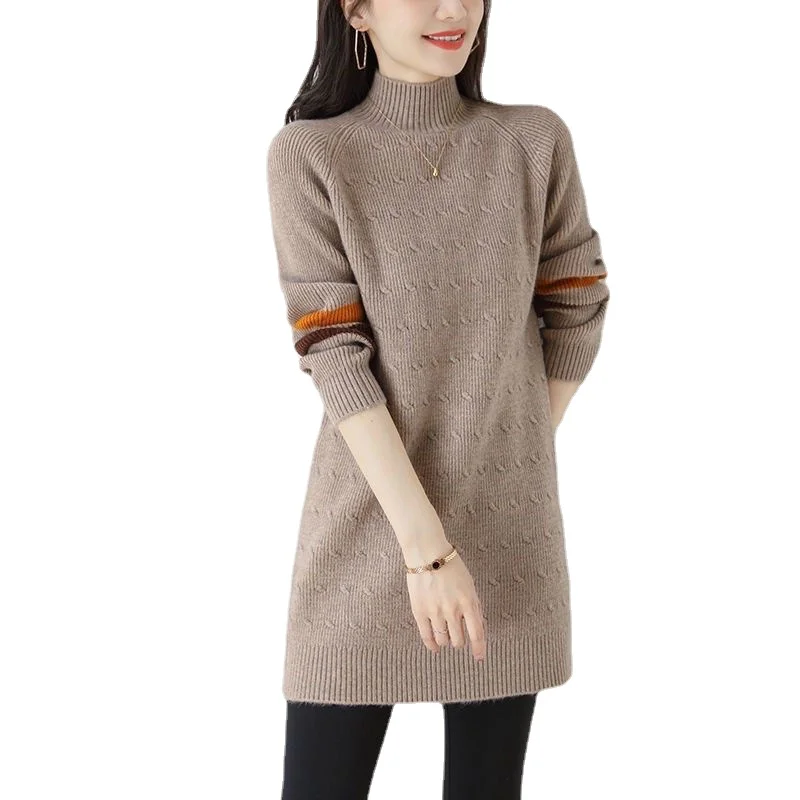 

Mid-length sweater dress women's autumn and winter new style plus velvet thickened half turtleneck small bottoming shirt sweater