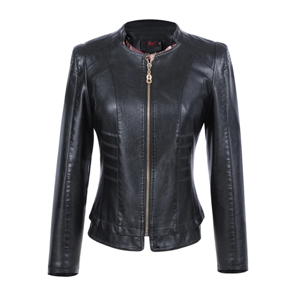 New Women Leather Jacket Spring Autumn Fashion Trend Chic Small Stand Collar Slim Waist Split Leather Cool Style Short Coat