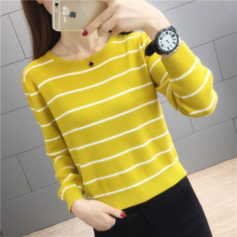 

Woman Long Sleeve Striped Pullover Female Sweater Knitted Sweaters O-Neck Tops Ladies Pull Femme Basic Bottoming Jumpers G36