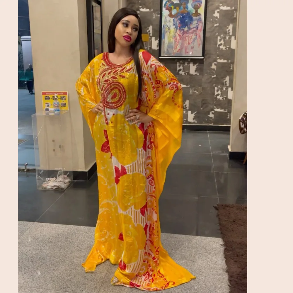 

African Dress Women Big Swing Beaded Print Evening Party Dresses Bat Sleeve Islam Hijab Abaya Muslim Caftan Marocain Long Robe