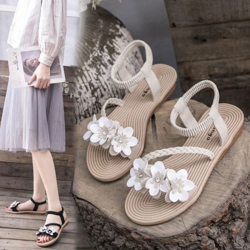 2023 Summer New Fashion Fish Mouth Flat Bottom Sandals Women's Casual Large Size Roman Flowers Sandals Soft Bottom Beach Sandals