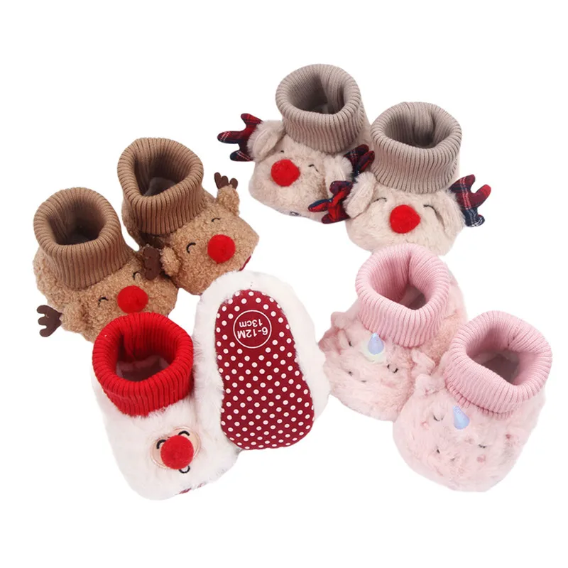 

1 Pair Baby Christmas Flat Shoes Cartoon Cute Soft Sole Non-slip Furry Indoor Outdoor Toddler Shoes for Girls Boys First Walkers