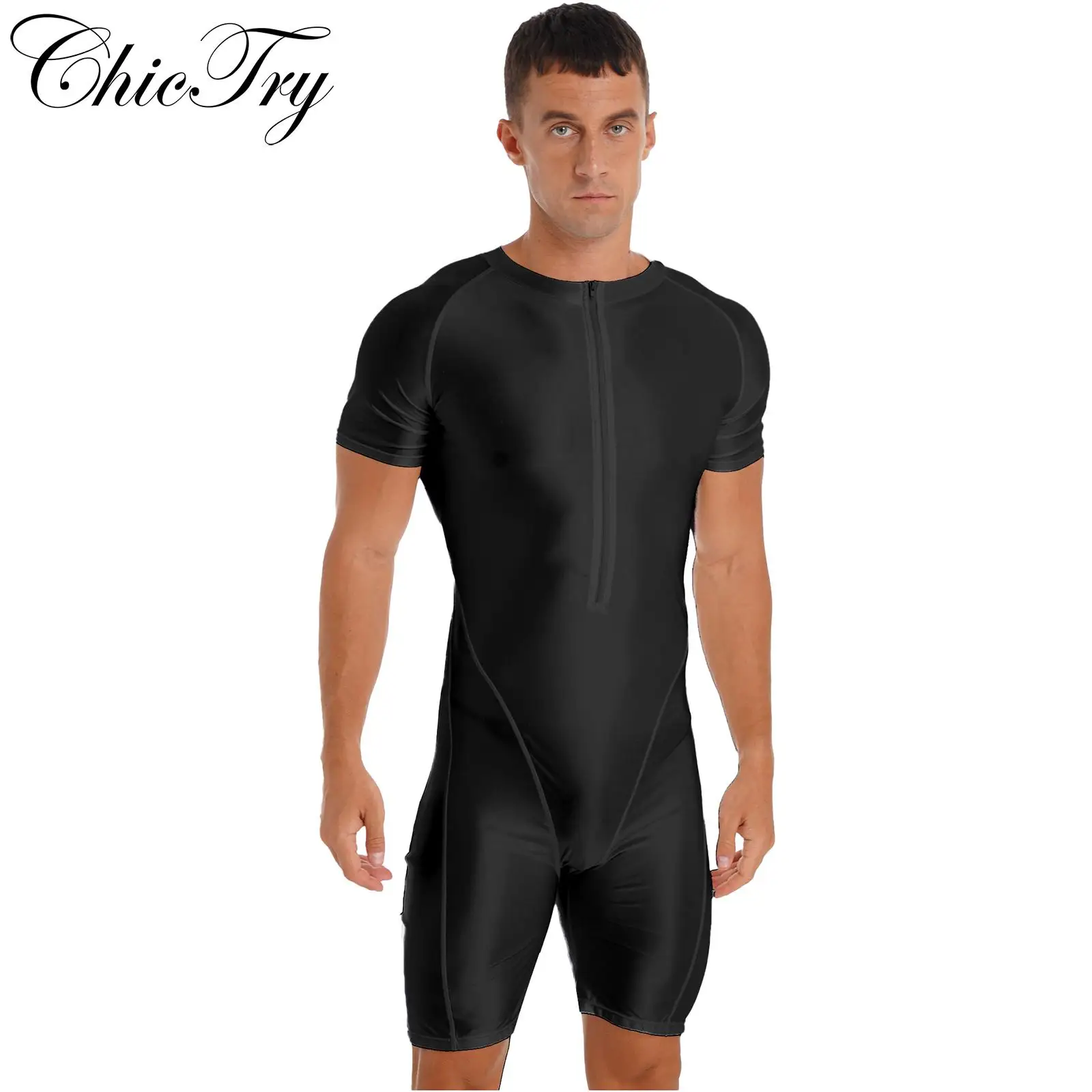 

Мужской Блестящий комбинезон с коротким рукавом, спортивный гимнастический тренировочный костюм для йоги, фитнеса, однотонный боди, купальник, пляжная одежда