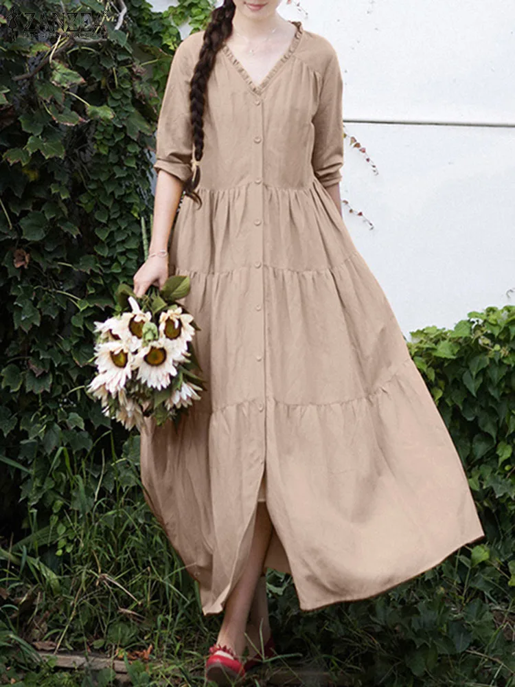 

Платье ZANZEA женское Винтажное с V-образным вырезом и длинным рукавом