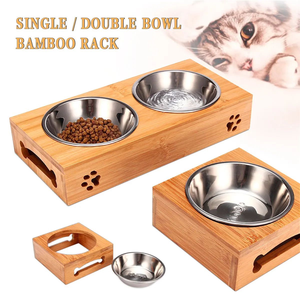 

Double Single Dog Bowls for Pet Puppy Stainless Steel Bamboo Rack Food Water Bowl Feeder Pet Cats Feeding Dishes Dogs Drink Bowl