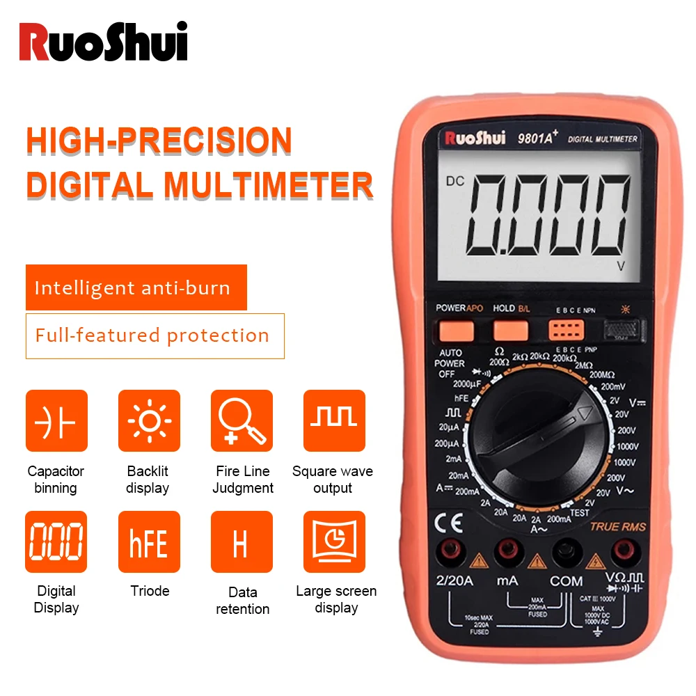 

RuoShui Digital Multimeter True RMS 20mF High Precision AC/DC Voltage 20A Triode Temperature Capacitance Transistor Wires Tester