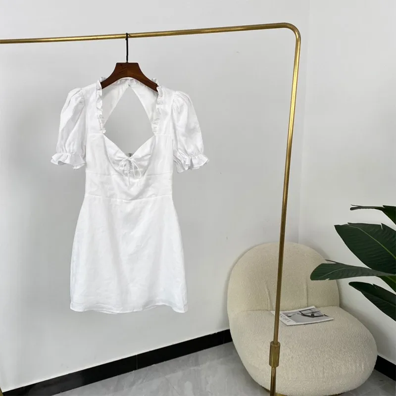 

Summer New Arrival Ladies Sweet White Plaid Printed Short Sleeve Elegant Blackless Linen Dresses