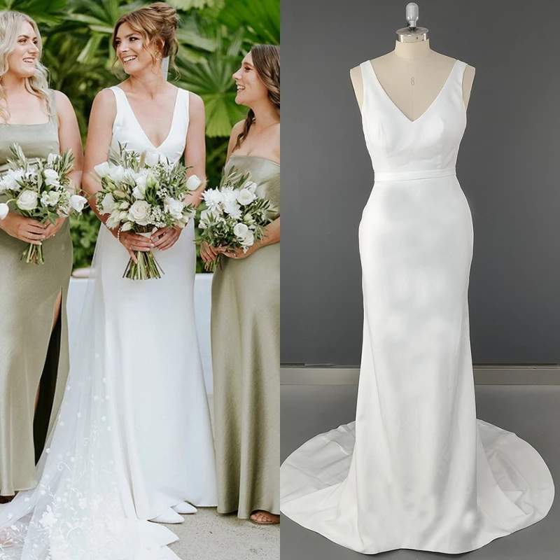 

8705# Real Photos Simple Beach Sweep Train Wedding Dress V Neck Backless Soft Stain Bride Gown For Lawn Wedding Party