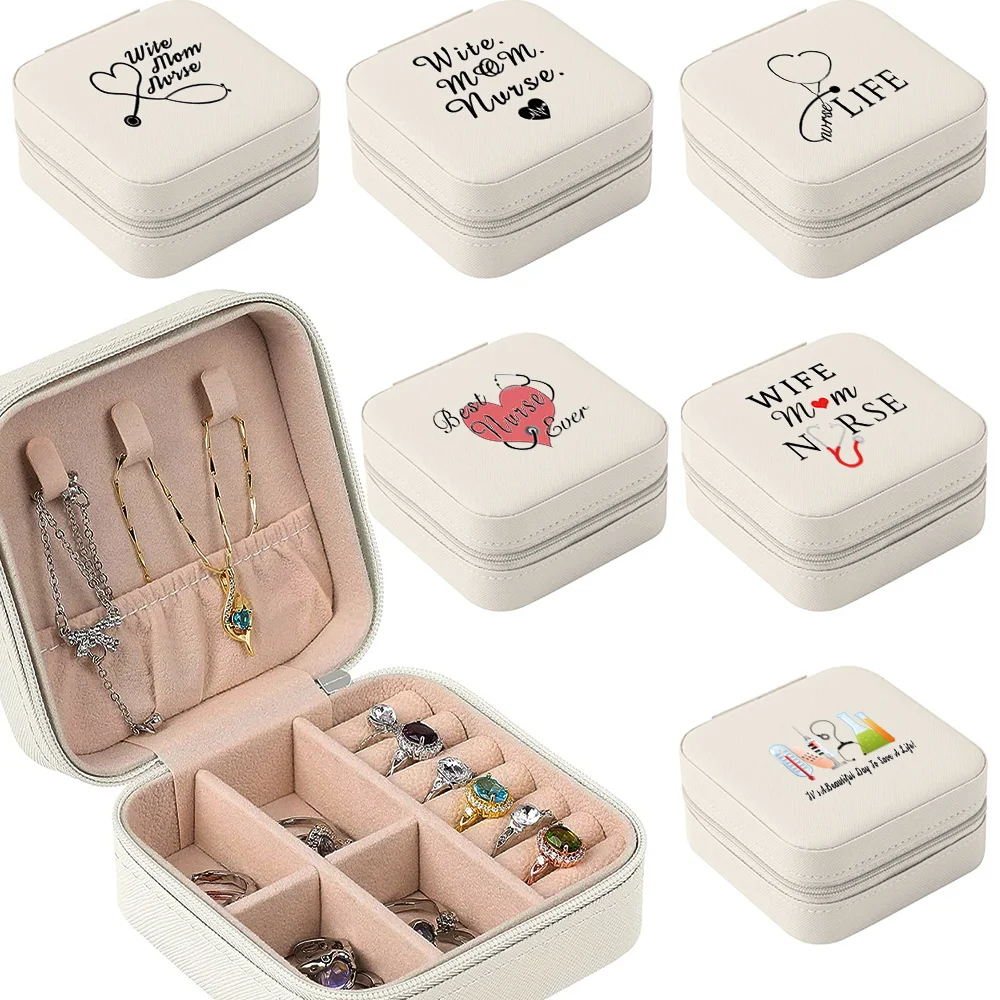 

Jewelry Box Portable PU Leather Organizer Cases Earrings Necklace Rings Storage Jewelers Boxes Nurse Print Travel Jewel Display