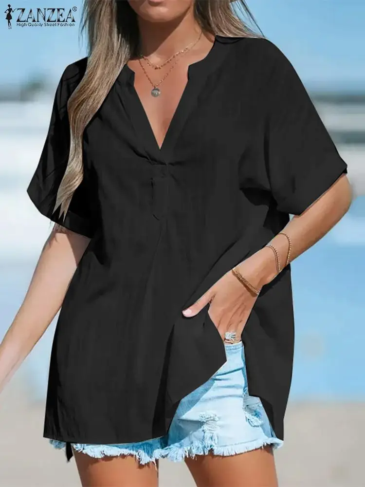 

ZANZEA Fashion Short Sleeve Tunic Holiday Loose Blouse Oversize Women Tops Solid Color V Neck 2023 Summer Casual All-match Shirt