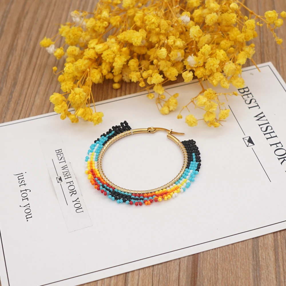 Go2BoHo Women's Fashion Jewelry Gold Colored Stainless Steel Miyuki Rainbow Tassel Hoop Earrings for Women Earing Ear Rings 2021 images - 6