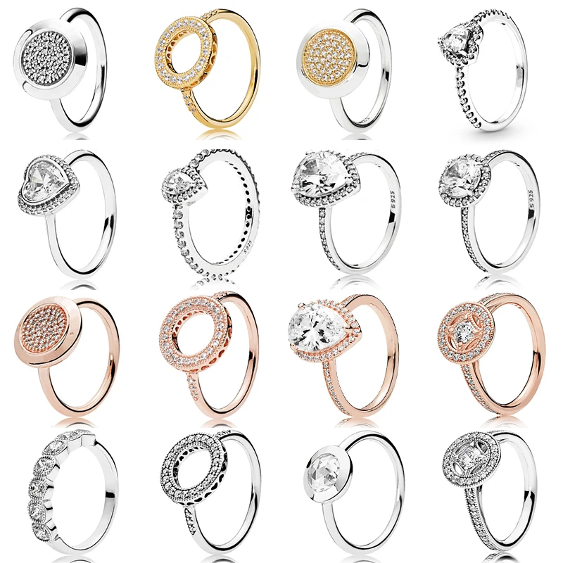 

original 100% 925 Sterling Silver pan Ring with logo 100% 925 rose gold love elegant large zircon ring