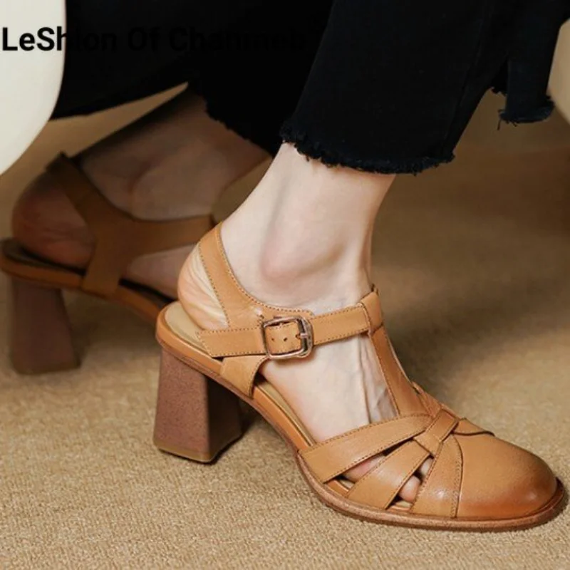 

Leshion Of Chanmeb Sheep Leather Sandals Women Thick High-heeled Woven Gladiator Sandal Buckle T-strap Rome Summer Woman's Shoes