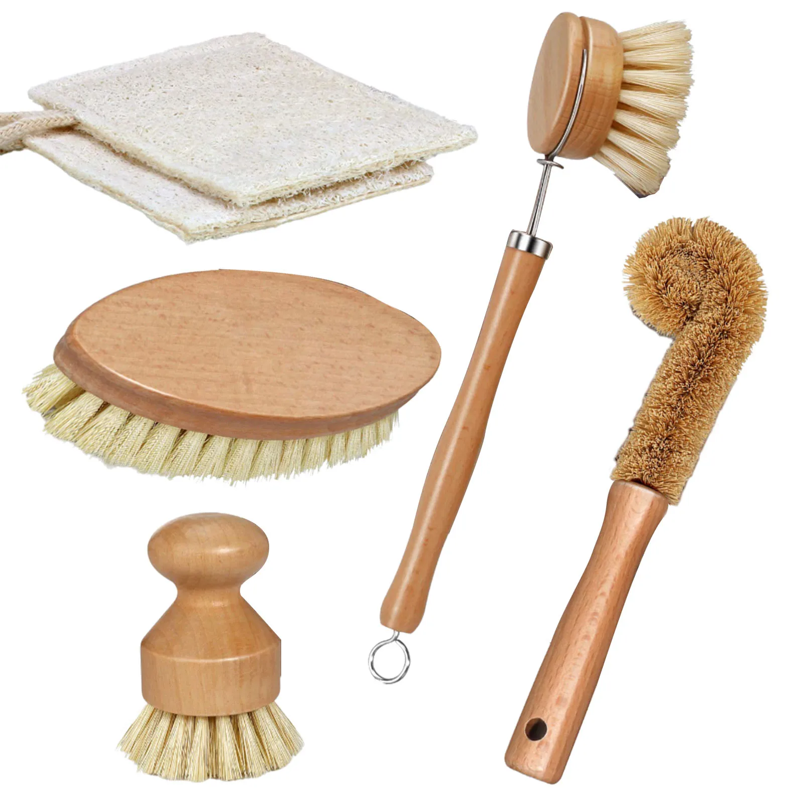 

Wooden Dish Brush Set | 6pcs Kitchen Cleaning Scrub Brushes Dish Cleaner | Fibers Bristles Vegetable Brush with 2 Loofah Cleanin