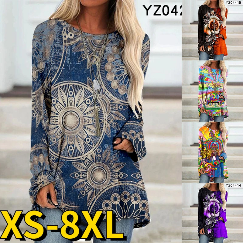 

2022 Women Retro Round Neck New Design Printing T-shirt Everyday Street Fashion Abstract Autumn Winter Elegant Flower Pullover