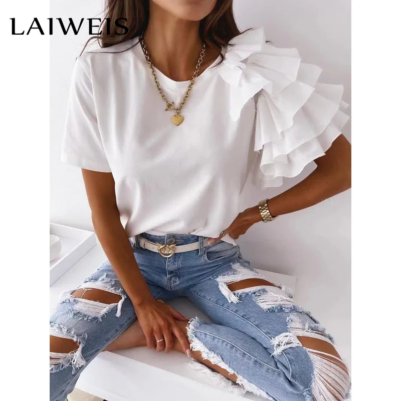 

Fashion blouse women elegant white Solid Color Layered Ruffle Short Sleeve Asymmetric Loose T-shirt Top for Summer Women Blouses